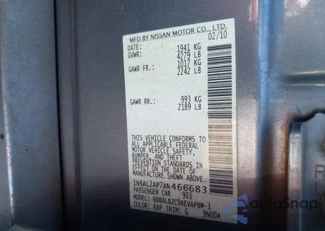 2010 Nissan Altima 2.5 S z USA, uszkodzony, nr VIN 1N4AL2AP7AN466683